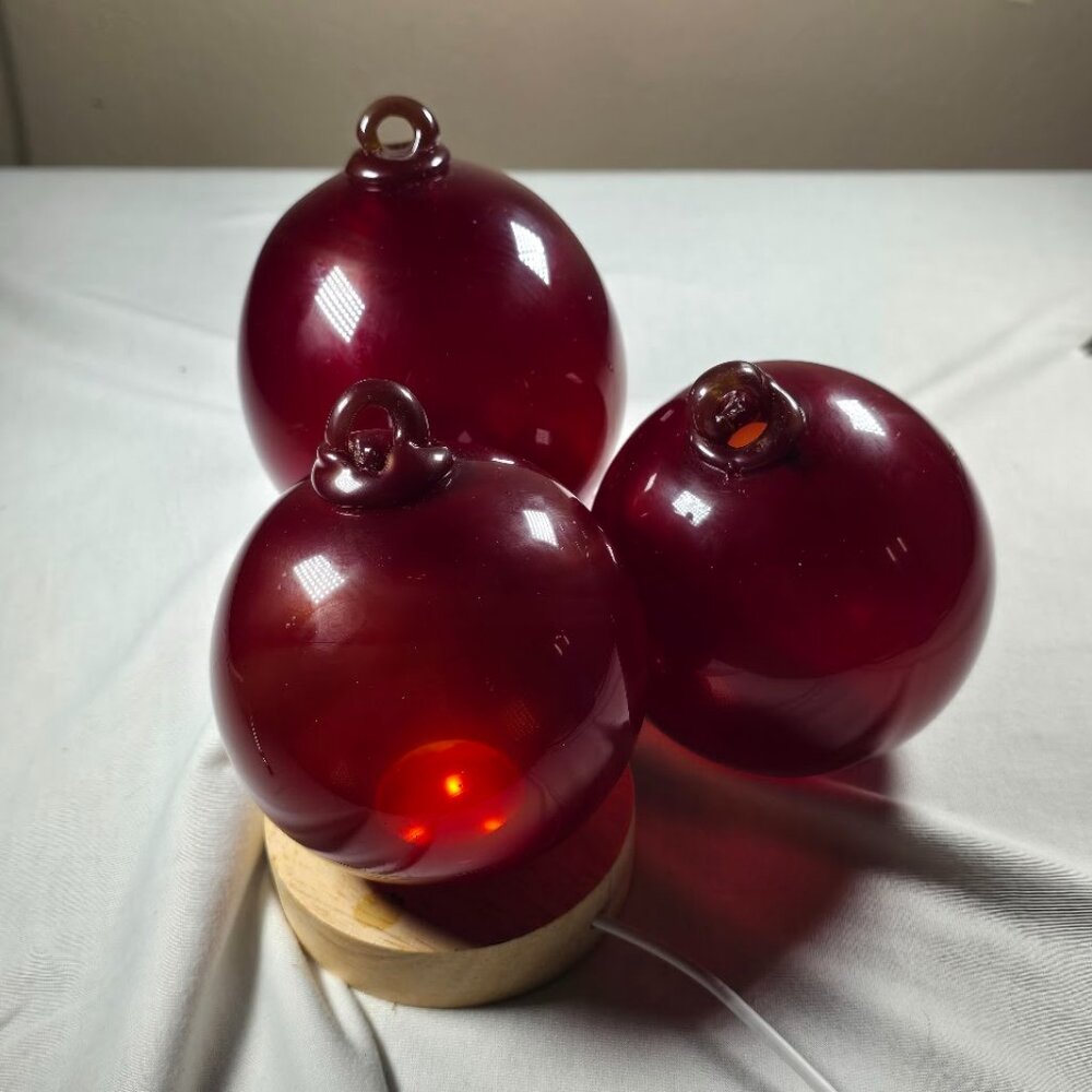 Set of 3 Hand Blown Red Glass Ornaments Witch Ball / Hanging Globe • Christmas
